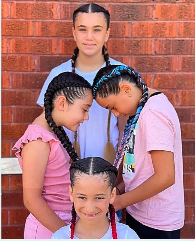 4 kids 2 Dutch braids each. — salon work by Mariama