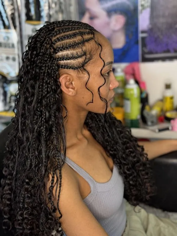 Fulani goddess box braids (synthetic Curls) — salon work by Mariama