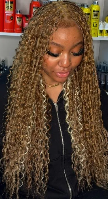 Smedium boho knotless / box braids — salon work by Mariama