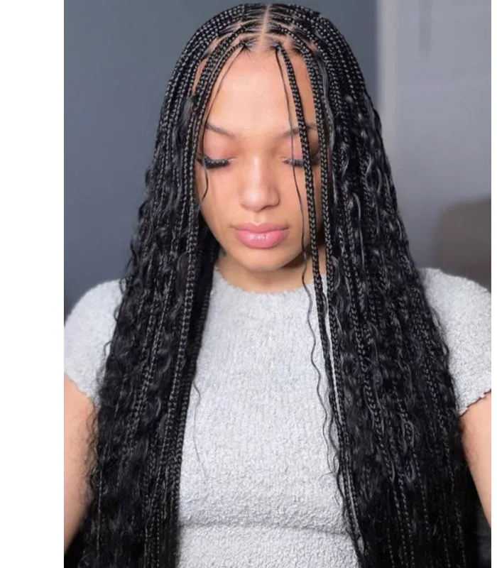 Small Boho Knotless Braids (Hair Included 1 pack human curly hair) — salon work by Mariama