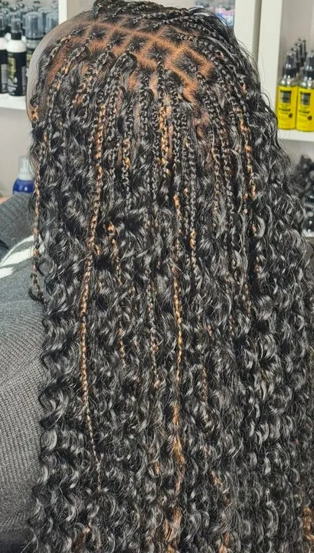 Smedium Boho Knotless/box Braids ( Synthetic Curls) — salon work by Mariama